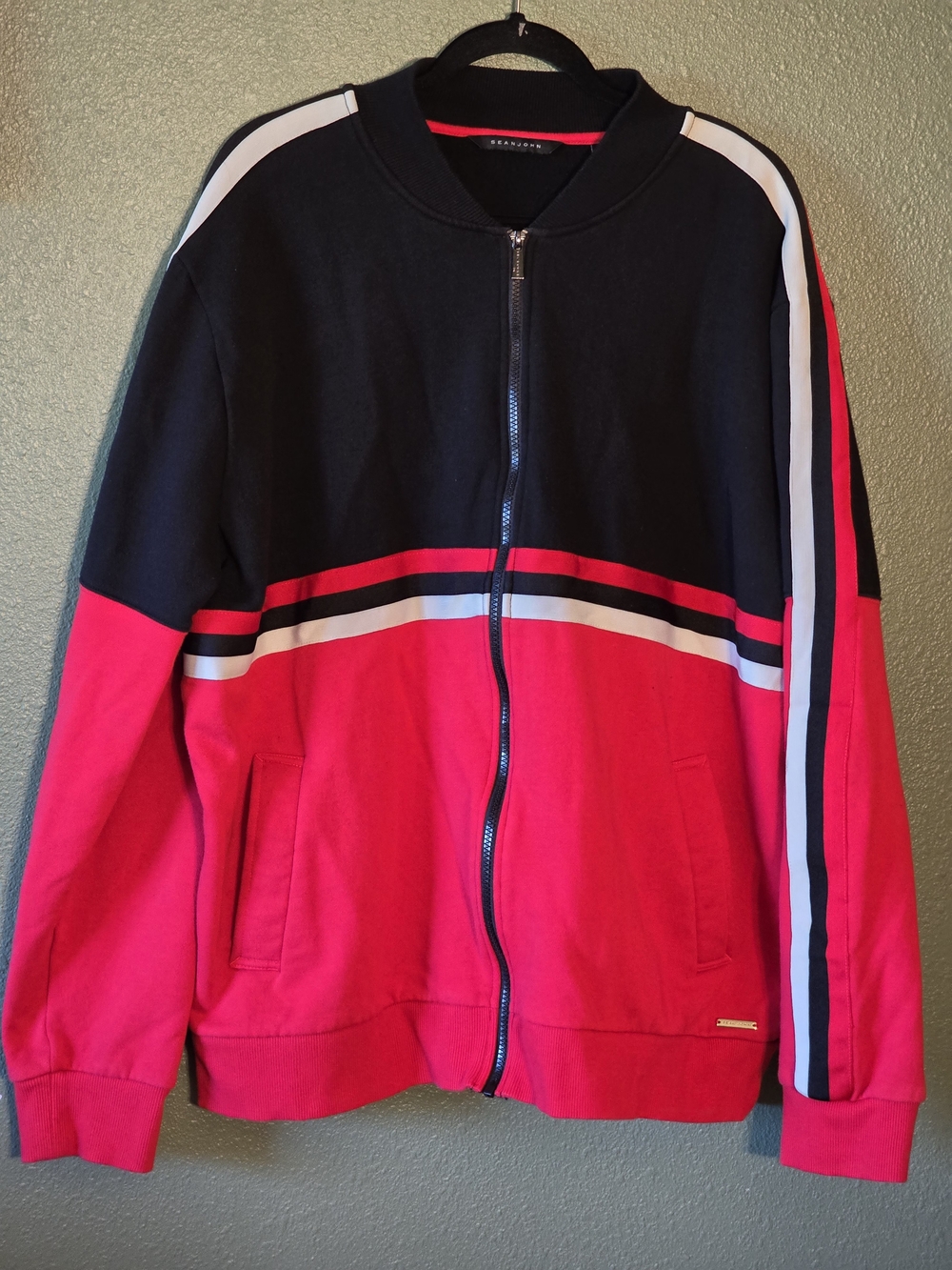 Sean John Black, Red & White Stripe Bomber Jacket